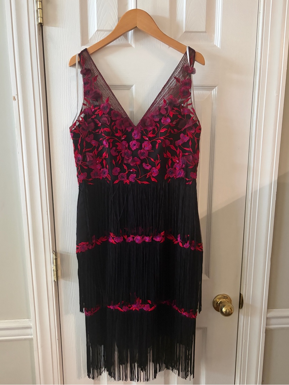 Marchesa Notte Black & Magenta Fringe Floral V-Neck Dress